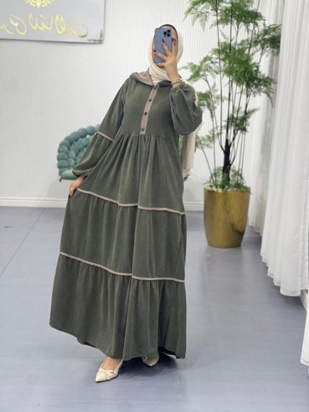 فستان مخمل كسرات فستقي